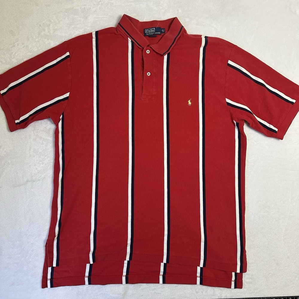 Vintage Polo Ralph Lauren XLT Tall Red Vertical Stripe Shirt 90s Y2K Hip Hop